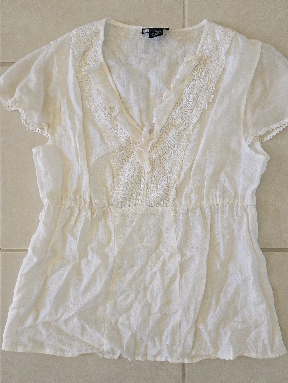 Carole Little Small S 100% Linen Off White Short Sleeve Blouse S Boho Peasant